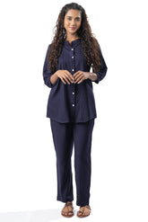 Navy Blue Pleated Band Collar Co-ord Set GulaboSitabo