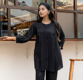 Black Pleated Band Collar Flared Fit Shirt GulaboSitabo