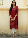 Maroon Straight Kurta with Tone Embroidered Neckline and Sleeve GulaboSitabo