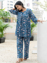 Blue Box Pleated Sweetheart Neckline Floral Printed Pure Cotton Co-ord Set GulaboSitabo