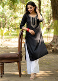 Black Straight Fit Kurti with Thread Embroidered Neckline and Sleeves GulaboSitabo