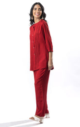 Maroon Pleated Band Collar Straight Fit Co-ord Set GulaboSitabo