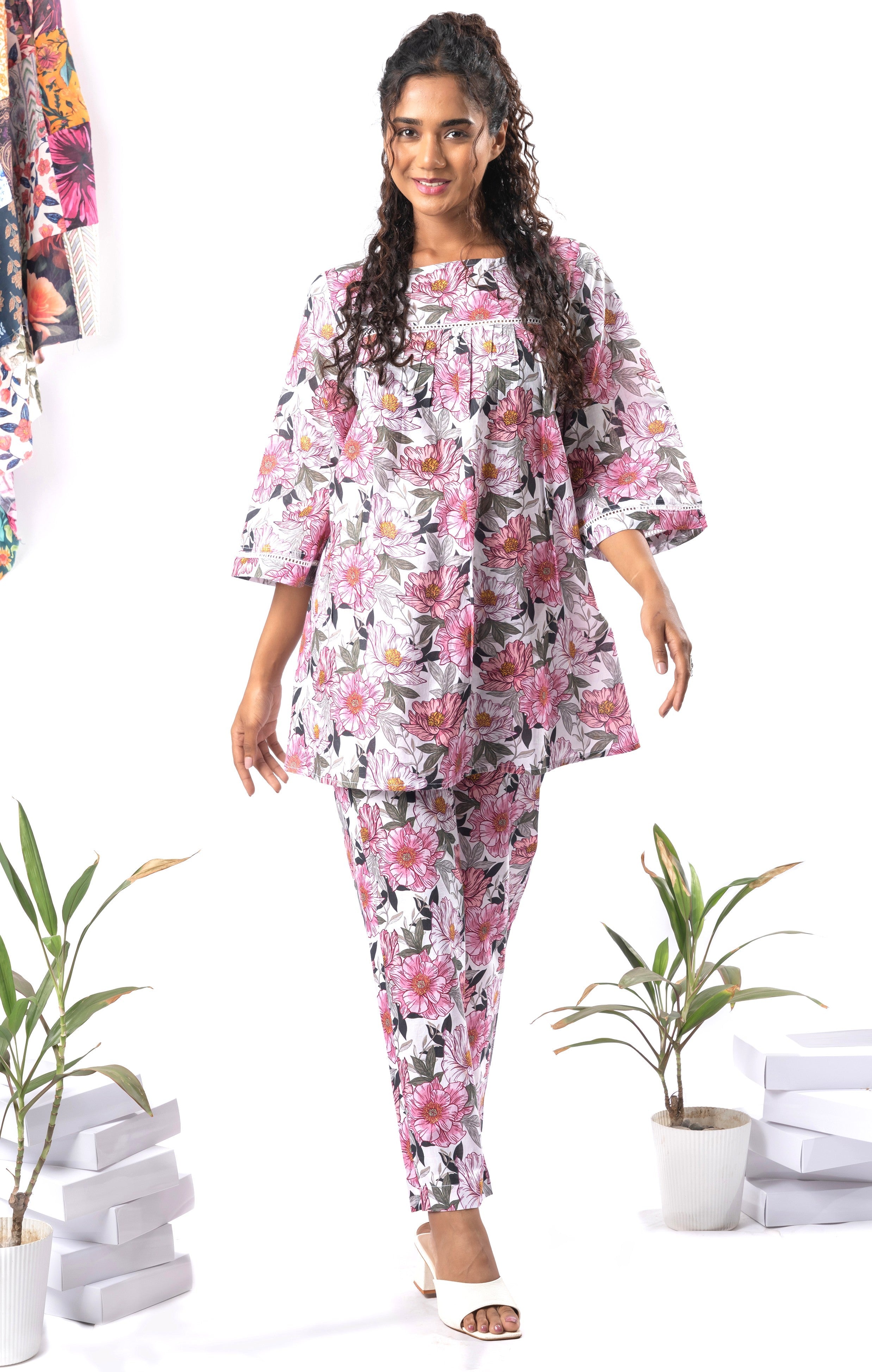 White Printed A-Line Pure Cotton Co-ord Set GulaboSitabo