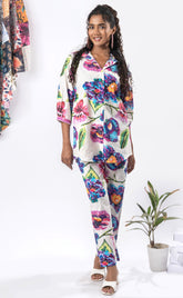 White Printed Pure Cotton Half-Buttoned Co-ord Set GulaboSitabo