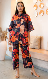 Half Buttoned Bold Floral Flared Printed Pure Cotton Co-ord Set GulaboSitabo