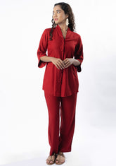 Maroon Shawl Collar Co-ord Set with Curved Sleeves GulaboSitabo