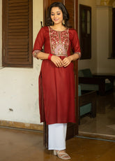 Maroon Sequin Embroidered Neckline and Sleeve Straight Kurti GulaboSitabo