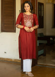 Maroon Sequin Embroidered Neckline and Sleeve Straight Kurti