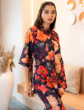 Half Buttoned Bold Floral Flared Printed Pure Cotton Co-ord Set GulaboSitabo