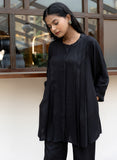 Black Pleated Band Collar Flared Fit Shirt