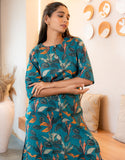 Teal Floral Printed Notched Neck with Broad Sleeve Pure Cotton Straight Kurta