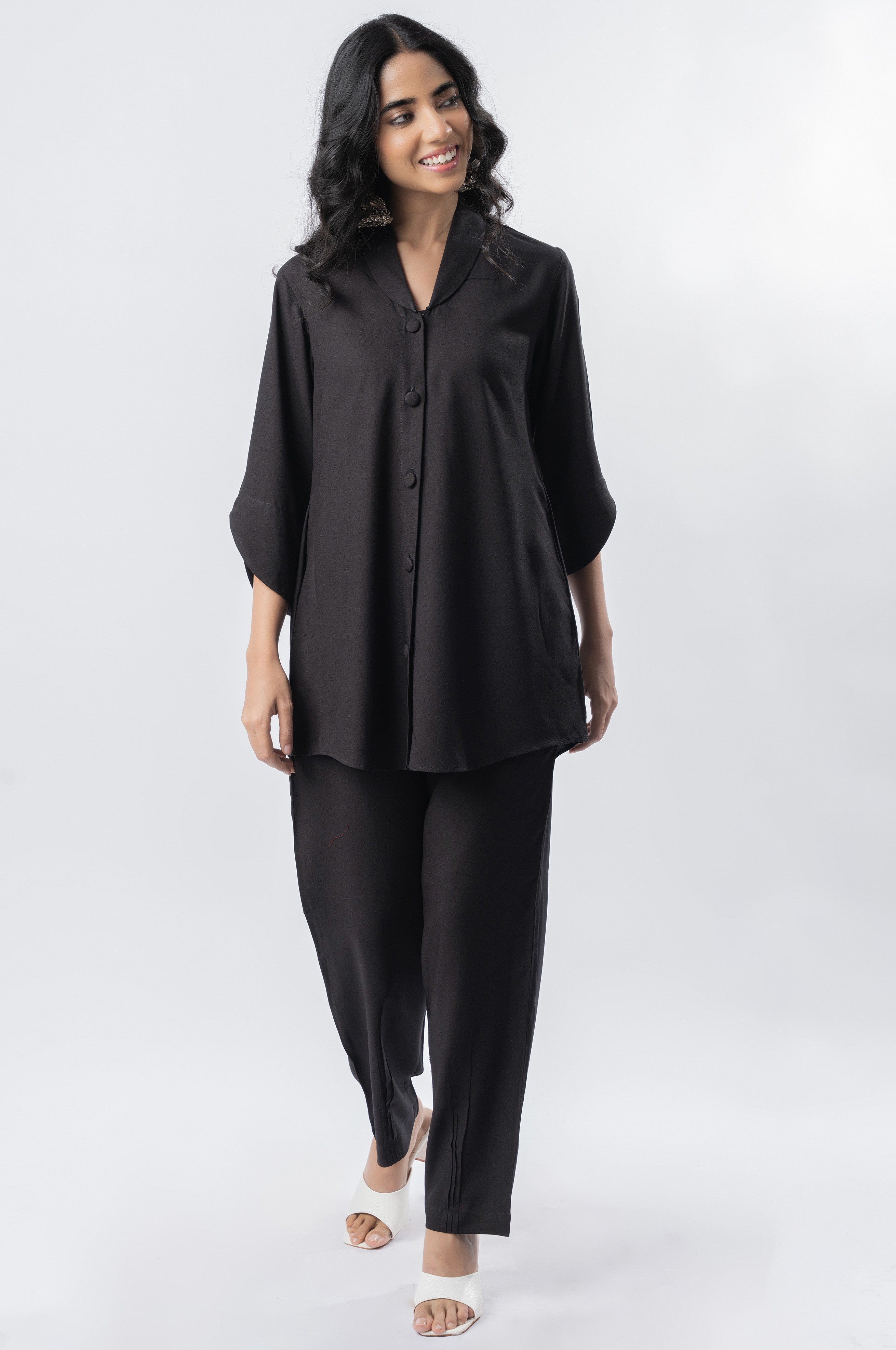 Black Shawl Collar Straight Co-ord Set with Curved Sleeves GulaboSitabo
