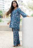 Blue Box Pleated Sweetheart Neckline Floral Printed Pure Cotton Co-ord Set