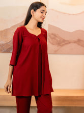 Maroon Box Pleated Sweet Heart Neckline Flared Co-ord Set GulaboSitabo