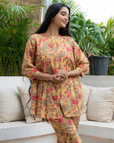 Pleats and Prints- Yellow Pure Cotton Buttoned down Co-ord Set GulaboSitabo