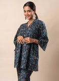 Black Floral Jaal Printed Flared V Neck Pure Cotton Top GulaboSitabo