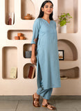 Light Blue Notched Neck with button loops Straight Kurta