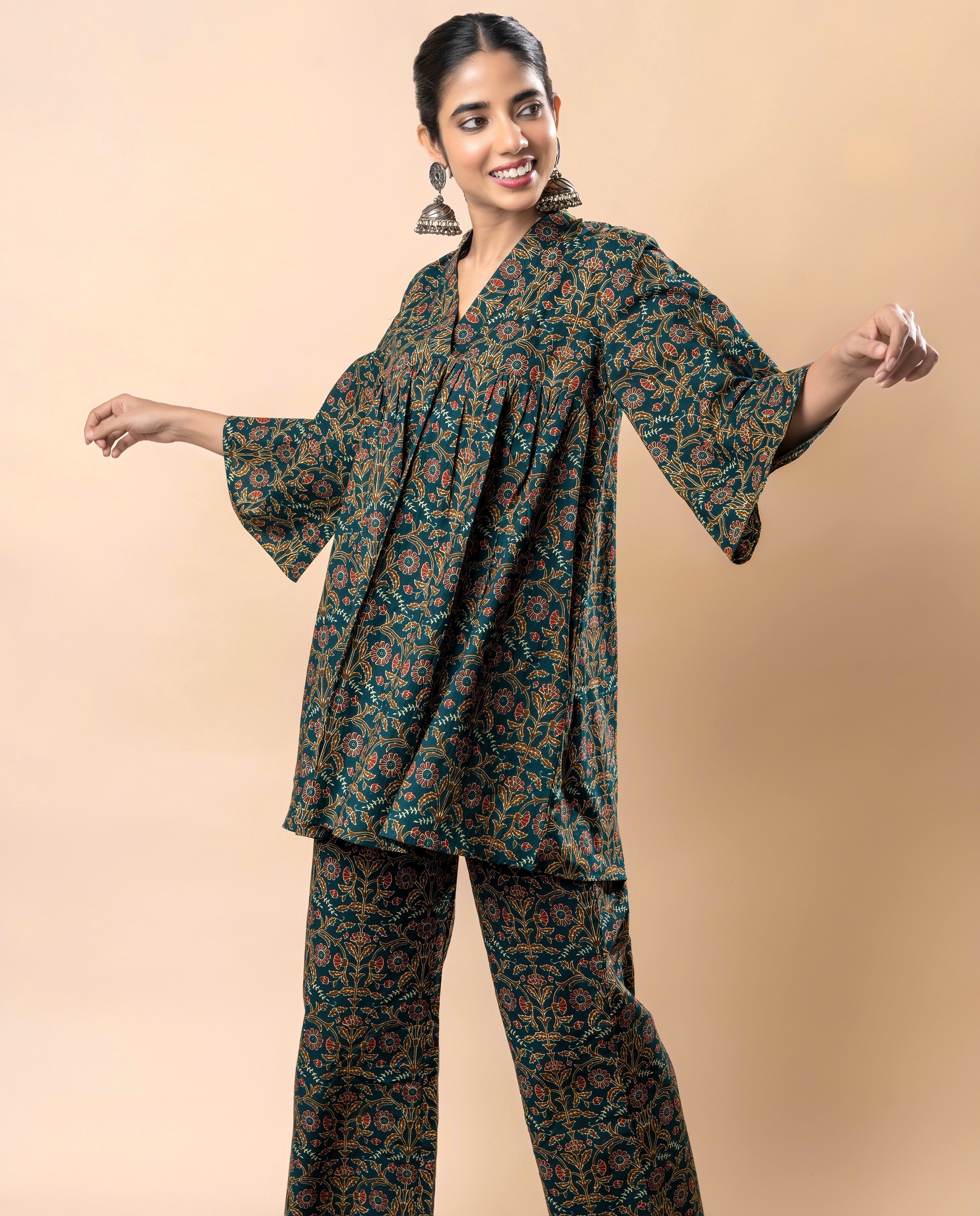 Green Ajrakh Block Printed Pure Cotton Flared Co-ord Set GulaboSitabo