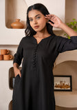 Black Notched Neck with Button loops highlights Straight Fit Kurta Set GulaboSitabo