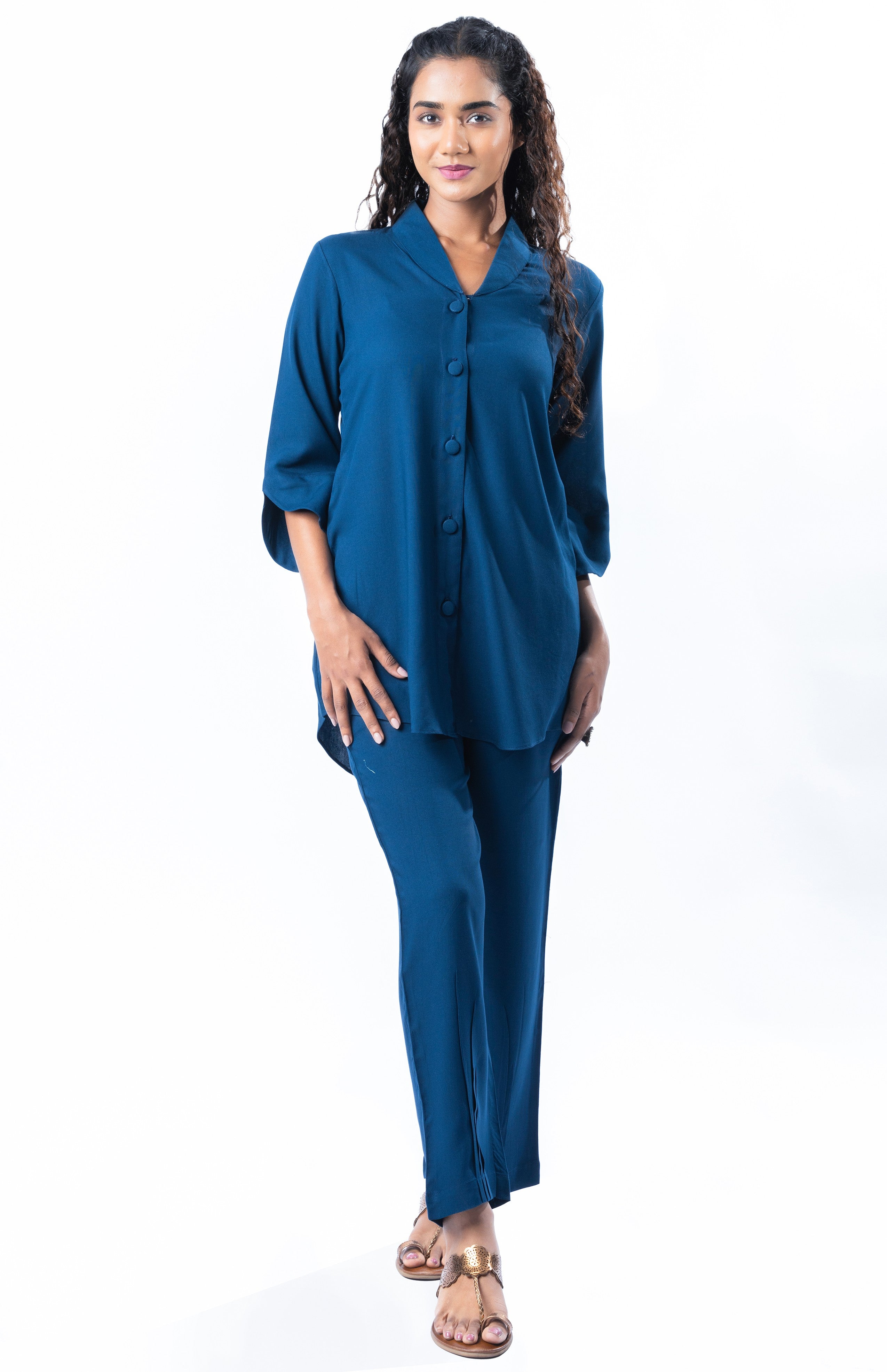 Sapphire Shawl Collar Co-ord Set with Curved Sleeves GulaboSitabo