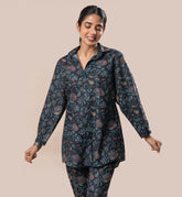 Black Floral Jaal Printed Pure Cotton Shirt with Coconut Shell Buttons