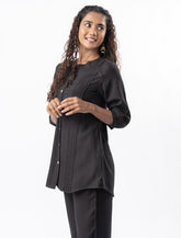 Black Pleated Band Collar Straight Fit Co-ord Set