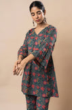 Green Block Printed Floral Pure Cotton Angrakha Co-ord Set