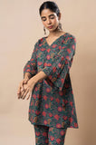 Green Block Printed Floral Pure Cotton Angrakha Co-ord Set GulaboSitabo