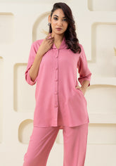 Pink Shawl Collar Solid Co-ord Set