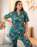 Teal Bold Floral Printed Buttoned Down Pure Cotton Co-ord Set GulaboSitabo