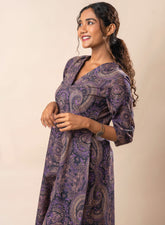 Purple Printed Pure Cotton A Line Flared Dress with Pants GulaboSitabo