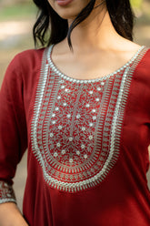 Maroon Straight Kurta with Mirror and Thread Embroidered Neckline and Sleeve GulaboSitabo