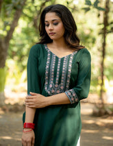 Green Straight Kurti with Kashmiri Embroidered Neckline And Sleeve