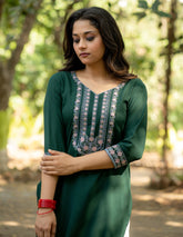 Green Straight Kurti with Kashmiri Embroidered Neckline And Sleeve GulaboSitabo