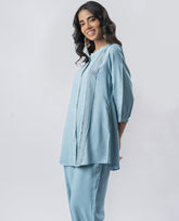 Light Blue Pleated Band Collar Straight Fit Co-ord Set GulaboSitabo