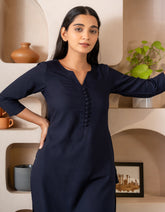 Navy Blue Notched Neck with Button Loops Straight Kurta GulaboSitabo
