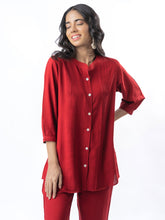 Maroon Pleated Band Collar Straight Fit Co-ord Set