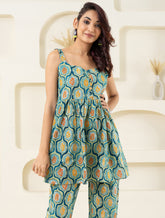 Mint Floral Grid Printed Pure Cotton Sleevelss Co-ord Set GulaboSitabo