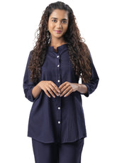 Navy Blue Pleated Band Collar Co-ord Set