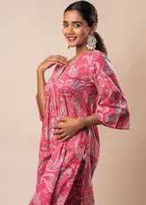 Pink Printed Pure Cotton A-Line Flared Kurti GulaboSitabo