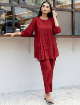 Maroon Pleated Band Collar Flared Co-ord Set