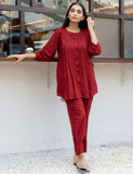 Maroon Pleated Band Collar Flared Co-ord Set GulaboSitabo