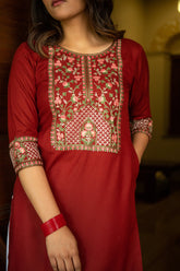 Maroon Sequin Embroidered Neckline and Sleeve Straight Kurti GulaboSitabo