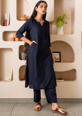 Navy Blue Notched Neck with Button Loops Straight Kurta GulaboSitabo