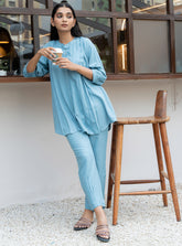 Light Blue Band Collar Pleated Flared Co-Ord Set GulaboSitabo