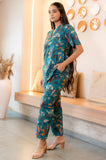 Teal Bold Floral Printed Buttoned Down Pure Cotton Co-ord Set GulaboSitabo