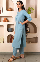 Light Blue Notched Neck with button loops Straight Kurta Set