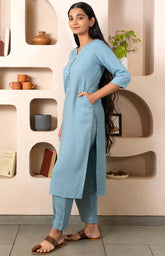 Light Blue Notched Neck with button loops Straight Kurta Set GulaboSitabo