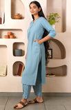 Light Blue Notched Neck with button loops Straight Kurta Set