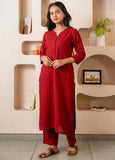 Maroon Notched Neck with Button Loops Straight Kurta Set